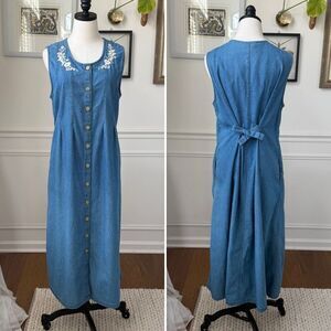 Vintage 90s 220 Hickory Blair Chambray Denim Button Front Maxi Dress Embroidery